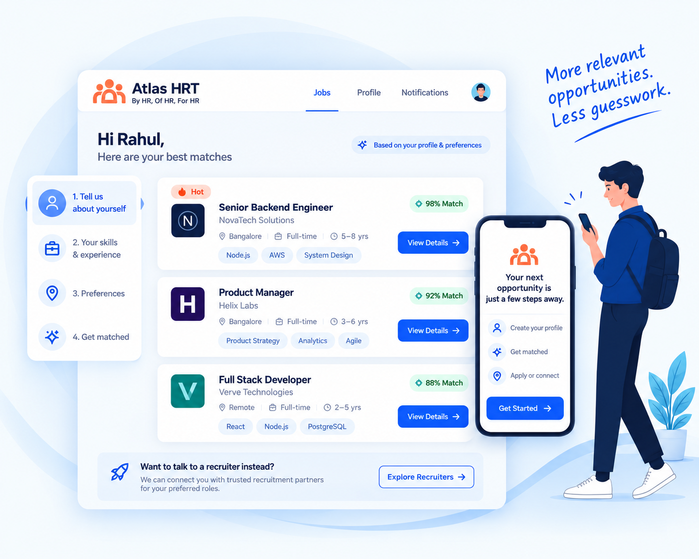 Illustration of personalised job matches on the Atlas HRT dashboard and mobile app, with a candidate exploring career opportunities.